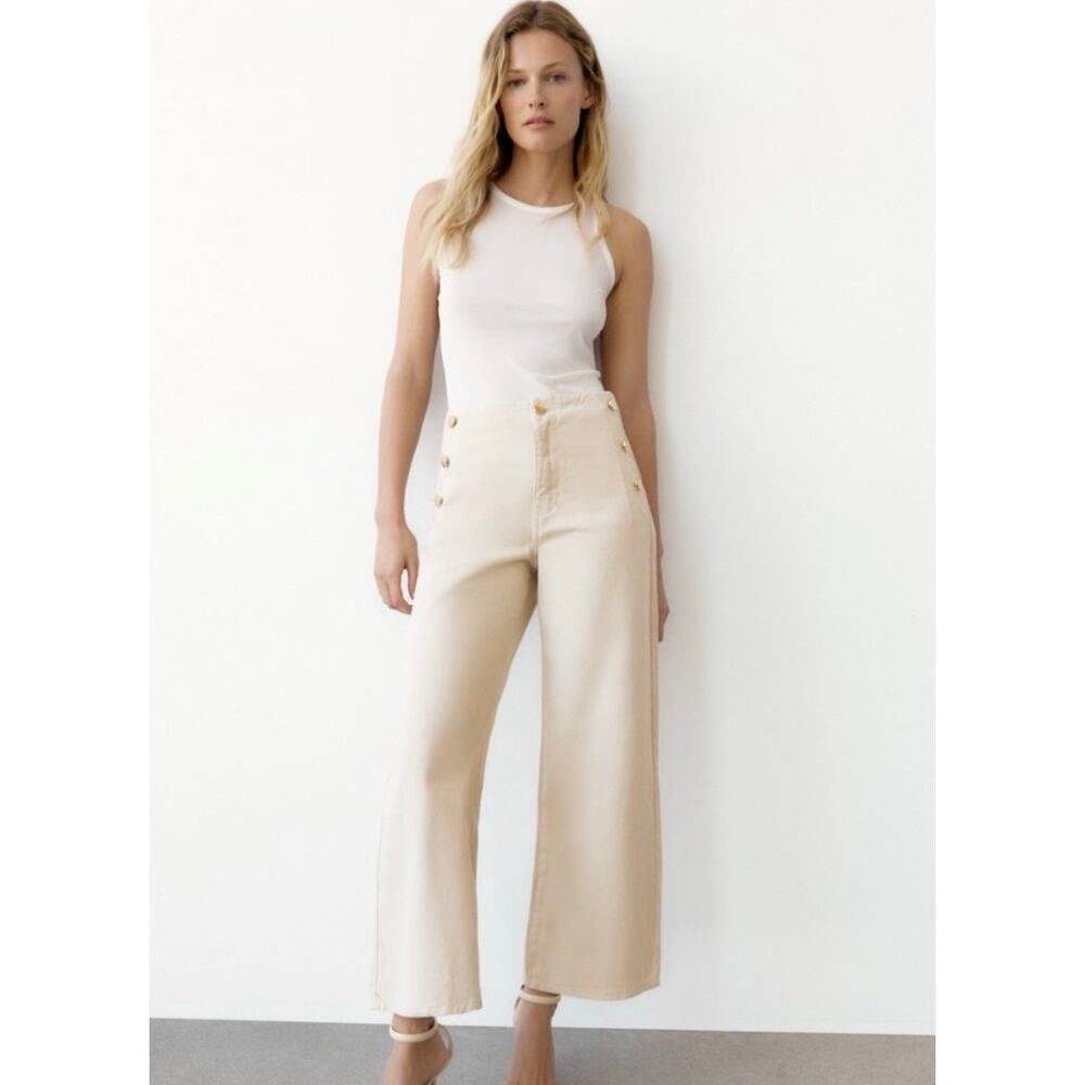 Zara High Waist Barrel Leg Gold Button Denim Pants Cream Sz 2 Office